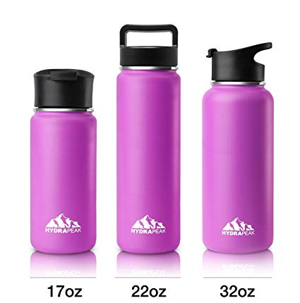 Hydrapeak Stainless Insulated Water Bottle- 22oz BPA Free Wide Mouth, Double Walled, Flask with Handle Lid.