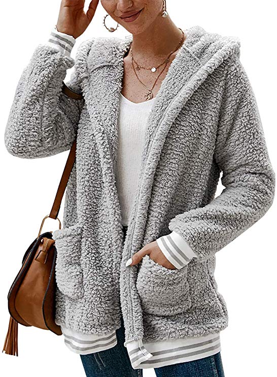 BTFBM Women Fleece Hooded - Open Front Long Sleeve Fuzzy Sherpa Loose Warm Winter Two Pockets Coat Jacket Outwear