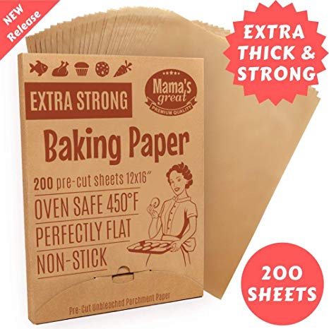 Extra Strong Unbleached Parchment Paper Sheets for Half Sheet Pans 12x16 (200) Pre Cut Oven Baking Paper Sheets. Double Side Silicone Coated Parchment Paper for Baking. Great Cookie Sheet Liner.