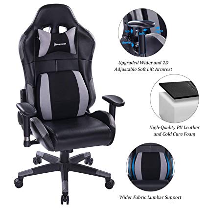 VON RACER Multifunctional Gaming Chair - Elegant Reclining Computer Desk Chair with Soft Memory Foam Seat Cushion - Ergonomic Office Chair with Removable Headrest Lumbar Support Pillow (Grey)