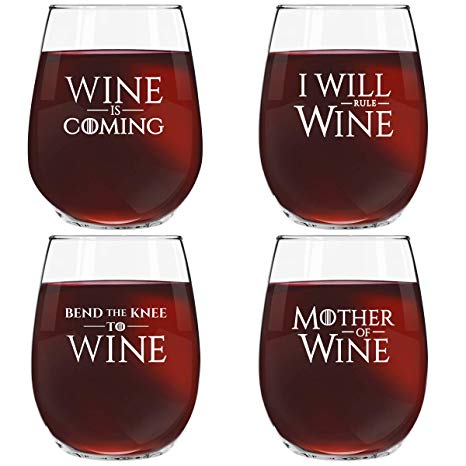 Game of Thrones Inspired Wine Quotes | Set of 4 Stemless Wine Glasses with 4 Unique GOT Themed Messages | Cute 15 oz. Wine Lovers Gift for Women | Dishwasher Safe | Made in USA
