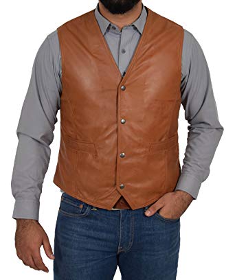 Mens Soft Tan Leather Waistcoat Classic Traditional Style Gilet Casual Vest - Bruno