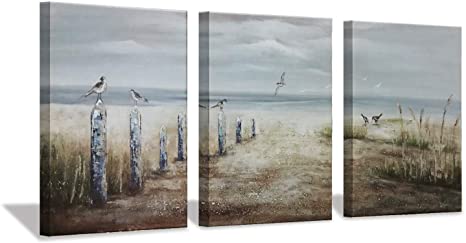 Yatehui Bird Canvas Wall Art 3 Panel Seascape Prints Ocean Oil Painting Beach Coastal Pictures Artwork for Living Room Bedroom Home Decor 12x16inch