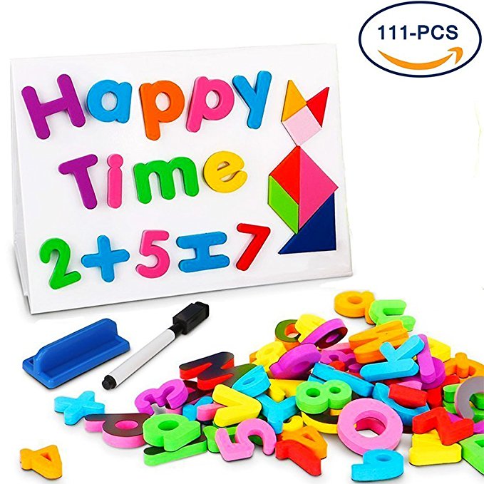 Newisland Magnetic Letters & Numbers, Fridge Magnets - 111 PCS with Magnetic Board and Reusable Storage Bag for Kids Gift Set