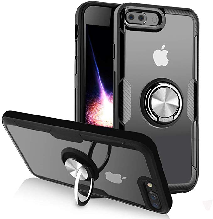 Lamzu iPhone 7 Plus Case/iPhone 8 Plus Case, Clear Hard Back Cover Slim Rubber Bumper Hybrid Case with 360° Rotation Finger Ring Grip Holder Kickstand for iPhone 7 Plus/8 Plus,Black