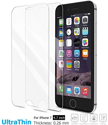 TOZO for iPhone 7/6/6S Screen Protector Glass, [0.26mm] Ultrathin Premium Tempered Glass [3D Touch Compatible] 9H Hardness 2.5D Edge [Super Clear] Screen 0.26mm [2PCS]