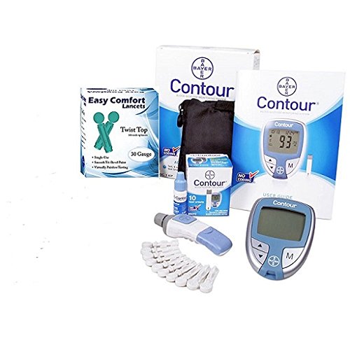 Bayer Contour Complete Diabetic Blood Glucose Testing Kit, Meter, 10 Test Strips, 10 Lancets, Adjustable Lancing Device, Control Solution, Owners Log Book & Manual
