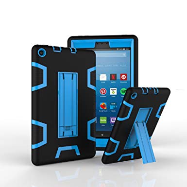 Amazon Flre HD 8 Tablet Case (7th Generation, 2017 Release Only), GreenElec Heavy Duty Armor Defender Rugged Protective Cover Case with Kickstand for Amazon Flre HD 8 Tablet with Alexa, 8”HD Display (Black Blue)