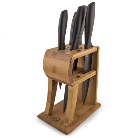 MEGALOWMART 6 Slot Bamboo Wood Kitchen Knife Block Stand Holder