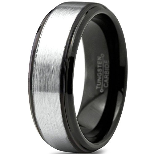 Tungsten Wedding Band Ring 8mm for Men Women Comfort Fit Black Beveled Edge Brushed FREE Custom Laser Engraving Lifetime Guarantee