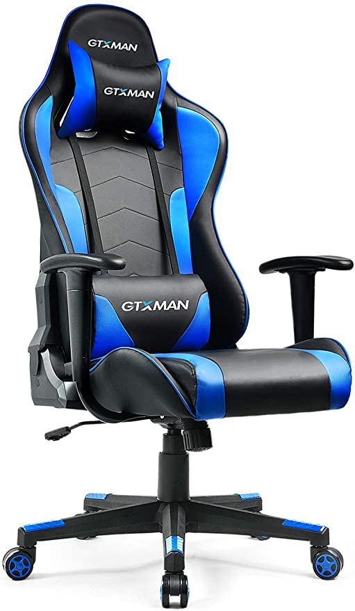 GTXMAN Gaming Chair, Ergonomic Racing Style Office Chair, High Back Height Adjustable Computer Chair, Swivel Leather Task Chair with Headrest and Lumbar Support (Blue)