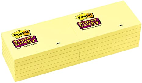 Post-it Super Sticky Notes, 3 in x 5 in, 12 Pads, 2x the Sticking Power, Canary Yellow, Recyclable (655-12SSCY)