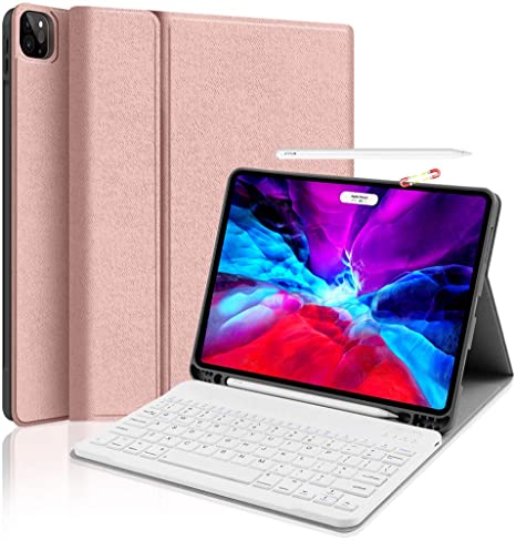 iPad Pro 11 Wireless-Keyboard Case 2020 - JUQITECH Smart Case with Keyboard for iPad 11 2020 2018 1st 2nd Gen Detachable Bluetooth Keyboard Cover with Pencil Holder Apple Pencil Charging, Rose Gold