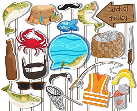 Gone Fishing Photo Booth Props Kit - 20 Pack Party Camera Props Fully Assembled