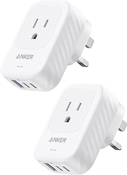 2 Pack Anker Travel Adapter, 15W Max with 2 AC, 2 USB-C, and 1 USB-A Port, USA to UK International Plug Adapter, Ideal for iPhone 15, iPad Air, and More, Compact for Travel, Cruise (TUV Listed)