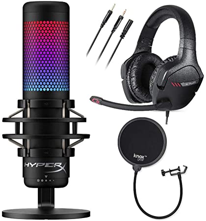 HyperX QuadCast S RGB USB Condenser Gaming Microphone with Golink Gaming Headset and Knox Gear Pop Filter (3 Items)