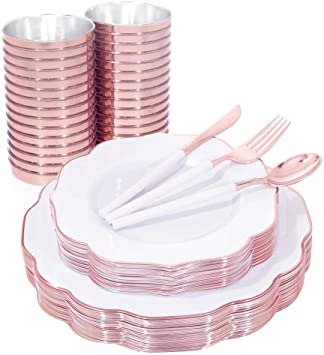 BUCLA 30Guest White And Rose Gold Plastic Plates With Rose Gold Plastic Silverware& Disposable Plastic Cups- Rose Gold Rim Plastic Dinnerware Ideal For Weddings Celebrations And Parties