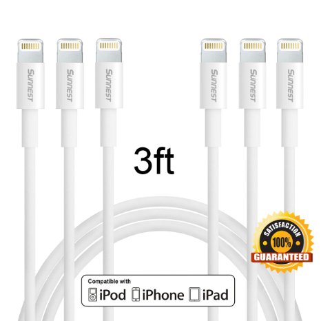 Sunnest 6Pack 3FT Standard Length 8-Pin Lightning to USB Data Cable Sync and Charging Cord Wire for iPhone 6s plus 6s 6 plus 6 5s 5c 5 iPad Air iPad Mini iPod TouchWhite