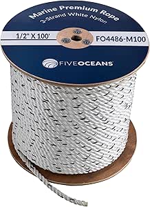 Five Oceans Boat Anchor Rope 1/2 inch x 100 ft - Marine Premium 3-Strand White Nylon - Ideal for Mooring Anchoring Windlasses Towing - FO4486-M100