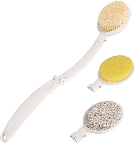 LFJ Bath Brush, 3 in 1 Foldable Long Handle Body Back Scrubber with Brush Sponge Pumice Head for Shower, Exfoliating or Dry Skin Brushing