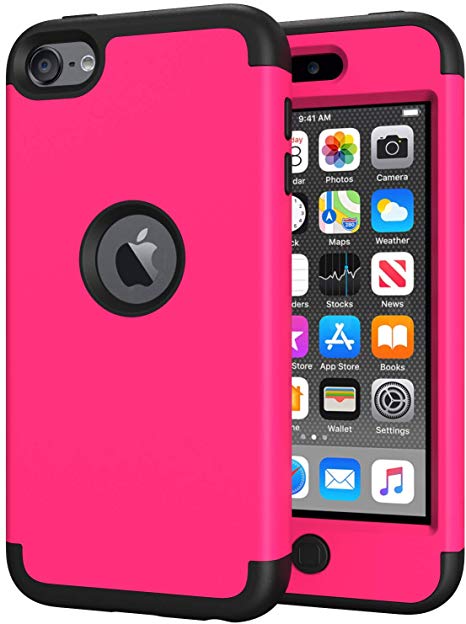 iPod Touch 7 Case for Girls, iPod Touch 6 Case, SLMY(TM) Heavy Duty High Impact Armor Case Cover Protective Case for Apple iPod Touch 5/6/7th Generation Hot Pink/Black