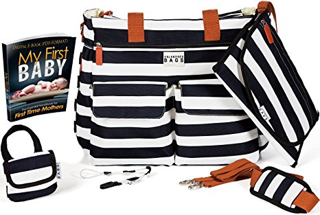 Diaper Bag Complete Bundle | SAFE for Baby Boy & Girl | Best Diapers Bags Black /White Stripe with 6 Accessories & 16 Pockets (2 Insulated)   eBook by Valandres