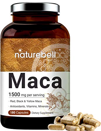 NatureBell Maca Capsules, 1500mg Per Serving, 180 Capsules, Powerfully Support Energy and Libido Function, Non-GMO and Made in USA