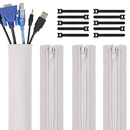 Kootek 4 Pack Cable Management Sleeve with 10 Pieces Cable Tie, 19.5 inch Cord Organizer Cable Wrap Wires Cover Sleeves Wraps Wire Hider System with Zipper for TV Computer PC Desk Home (White)