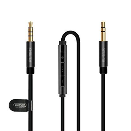 Nkomax REMAX Stereo 3.5mm Audio Cable Male to Male Gold Plated AUX Cable Volume Control Dual Male Extension Cord with Mic Suitable for iPad, iPhone, iPod, MP3 players, tablets, Samsung smartphones, home audio, speaker S120(black)