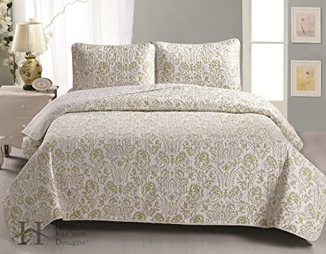 Martinique Collection 3-Piece Luxury Quilt Set with Shams. Soft All-Season Microfiber Bedspread and Coverlet with Beautiful Printed Pattern. By Home Fashion Designs Brand. (F/Q, Green / Gray)