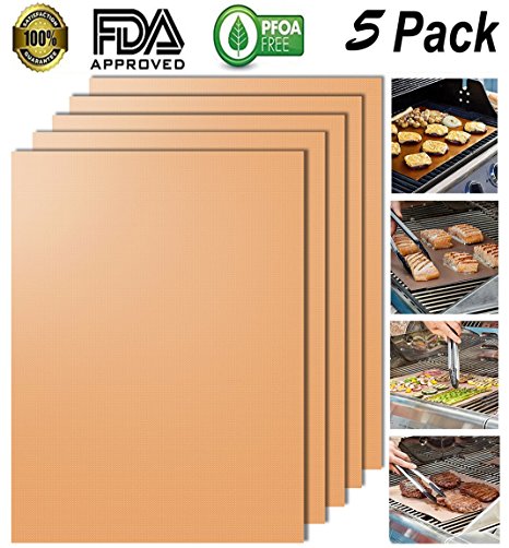 Looch Gold Grill Mat Set of 5- 100% Non-stick BBQ Grill & Baking Mats - FDA-Approved, PFOA Free, Reusable and Easy to Clean - Works on Gas, Charcoal, Electric Grill and More - 15.75 x 13 Inch
