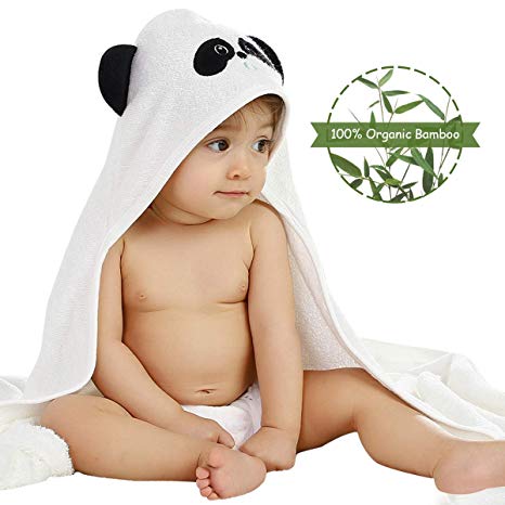 Landing Creations 100% Organic Bamboo Baby Hooded Bath Towels, Large Size 35''x35'' Cute Panda Face Towels for Infant & Toddlers in White with Black