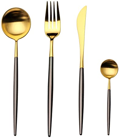 Stainless Steel Flatware Set, Morgiana 4-Piece Flatware Cutlery Set Including Fork Spoons Knife Tableware for Home,Hotel,Restaurant (Black Golden)
