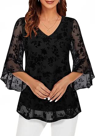 Lotusmile Women's Fancy Blouses Double Layers Mesh Dressy Tops 3/4 Ruffle Bell Sleeve Shirts