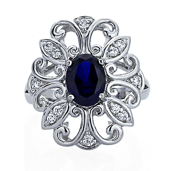 Sterling Silver Art Deco Design 1.25ct Oval Simulated Blue Sapphire CZ Cocktail Ring ( Size 5 to 9 )