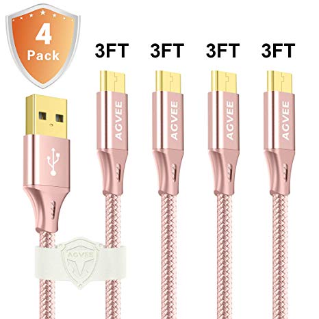 3A Current Fast Micro USB Cable [4 Pack 3.3FT] ?Heavy Duty Rose Gold Metal Shell Nylon Braided Durable Charger Cord Agvee Android Charging Cable for Samsung Galaxy S7 S6 S5 Note 5 J7, PS4