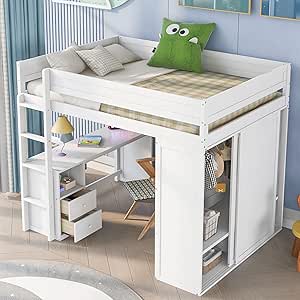 Harper & Bright Designs Full Size Loft Bed with Wardrobes and Desk, Solid Wood Loft Bed Frame with 2 Storage Drawers Cabinet, for Kids Teens Adults (White)