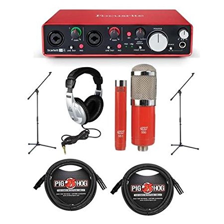 Focusrite Scarlett 2i4 2nd Gen Audio Interface - Bundle With MXL 550/551R Condenser Microphone Kit Red, 2x 20ft XLR Mic Cables, 2xBoom Mic Stands, Stereo Headphones