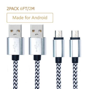 Micro USB Cable,[2-Pack] 6''ft/2m premium Durable Nylon Braided Tangle-free High Speed Data Sync Charger cord with Aluminum Heads for Android Samsung HTC Motorola LG Sony Blackberry and More (silver)