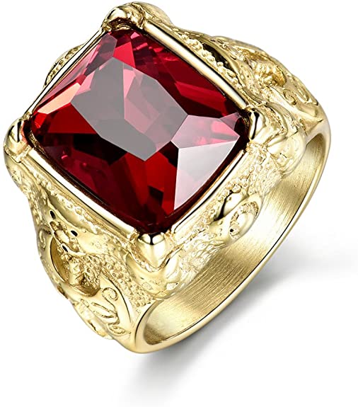 MASOP Luxury Gold Tone Engraved Mens Stainless Steel Rings with Red Ruby Garnet Color Stone Size 8-12