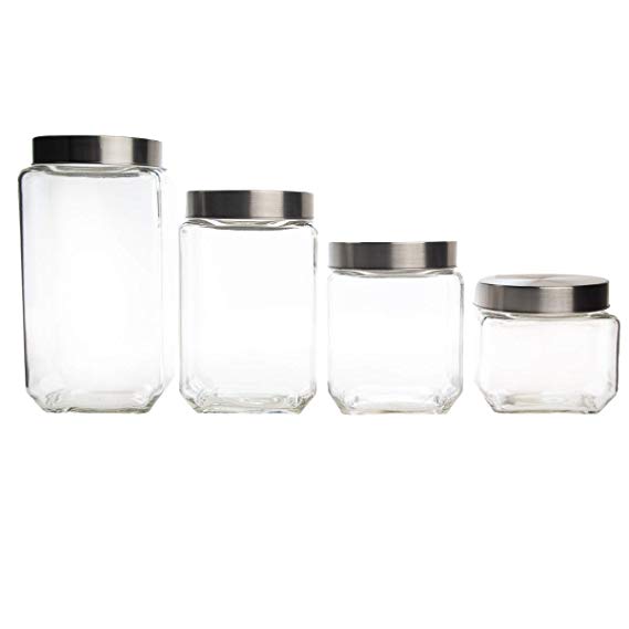 Farberware Set of 4 Variety Size Glass Canister Food Storage Container with Stainless Steel Airtight Lids – Beans Cereal Coffee Rice Flour Candy Sugar & More