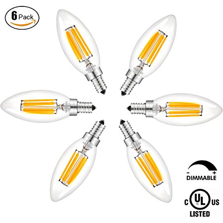 LED Candelabra Bulb,B11 4W LED Filament Candle Light Bulb Dimmable,40W Equivalent LED Chandelier Bulb, E12 Candelabra Base Lamp 2700K 400 Lumen Decorative LED Bulb.(6 Pack)