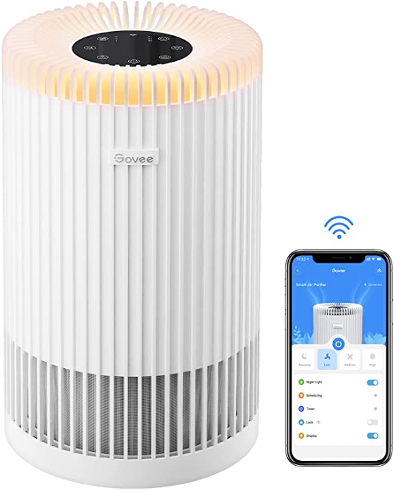 Govee Smart Air Purifiers for Home Large Room, Work with Alexa Google Assistant WiFi Air Purifier, H13 True HEPA Filter for Dust, Pets, Smoke in Bedroom, 24dB Night Light