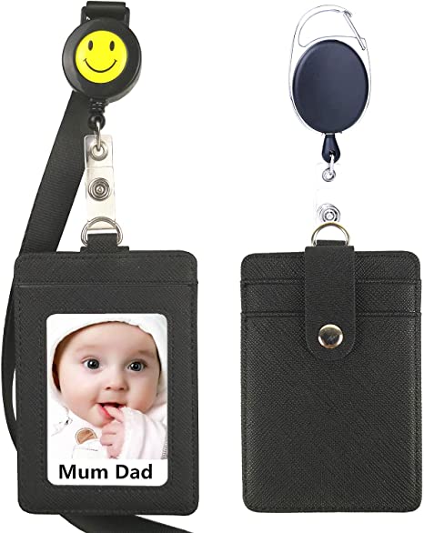 Lucstar Badge Holder Reel Clip Retractable with Lanyard Snap Button ID Card Holder Necklace Horizontal Vertical for Women Student Nurse Heavy Duty 1 Window 2 Back Slots Faux Leather
