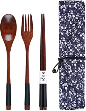 FORESTIME Japanese Wooden Chopsticks Spoon Fork Tableware 3pcs Set New Gift (Gold, 1 Set) (Brown 1, 1 Set)