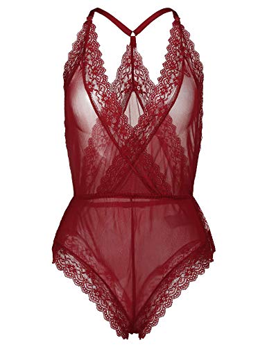 YEEZOMI Women V Neck Teddy Lingerie One Piece Lace Babydoll Mini Bodysuit Sexy Nightwear