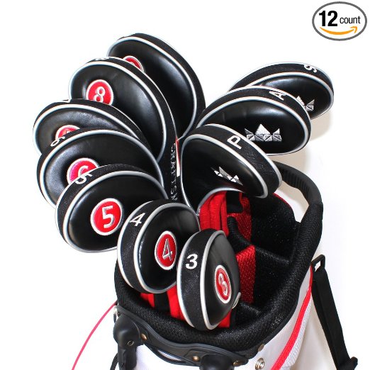 Craftsman Golf 12pcs Golf Iron Putter Head Covers Headcover Set Black & Red Fit All Brands Titleist, Callaway, Ping, Taylormade, Cobra, Nike, Etc.