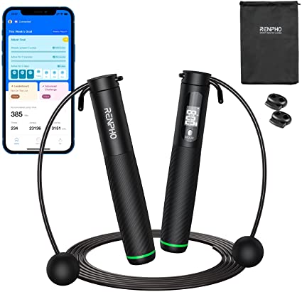 RENPHO Smart Skipping Rope with Counter, Adjustable Jump Ropes with Cordless Ball, Jump Ropes for Fitness, Crossfit, Gym, Burn Calorie, APP Data Analysis, at-Home-Workout for Women, Men, Adult, Kids