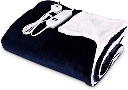 Navaris Electric Heated Wrap - Wearable Throw Blanket Soft Plush Electric Heated Cape with 3 Heat Settings and Auto Shut Off Timer - Dark Blue/White