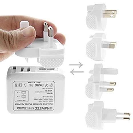 2 USB Plug Wall Charger, HAWEEL® Dual USB Port (2.1A   2.1A) Travel Charger with 4 Interchangeable Plug (UK/ EU/ US/ AU) Adapters for iPhone 6/ 6s /7, iPad, Galaxy, Huawei, Xiaomi, LG, HTC, other Phones and Tablet Devices (White)